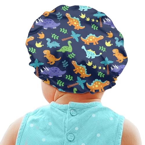 Image of Dinosaur Palm Tree Printed Kids Satin Bonnet Child Double Layer Sleep Cap Sleeping Beanie Elastic Band for Haircare Curly Natural Long Hair Cap Hat for Toddler Baby