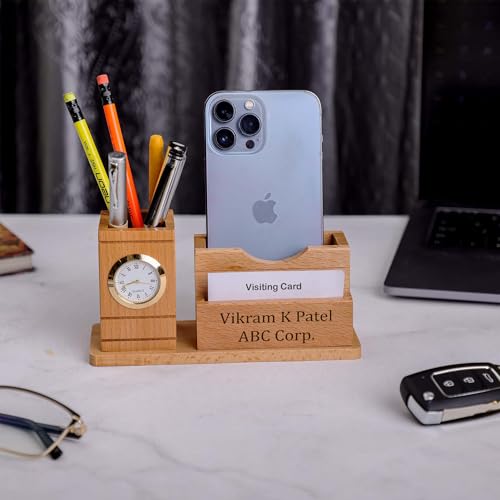 Image of Deskart Customized Multipurpose Pen Holder Stand | Premium Wooden Desk Organizer with Clock, Business Visiting Card and Mobile Holder