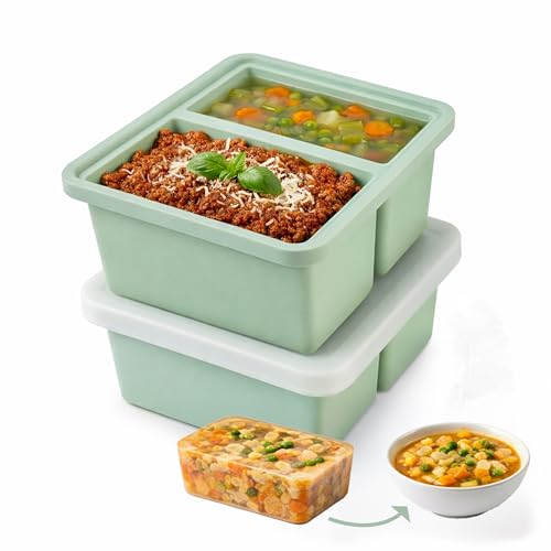 KEPLIN Silicone Soup Freezer Tray with Lid Pack of 2 BPA-Free Food-Grade Silicone Soup Cube Mould & 1 Cup Portions Clear Measurement Lines Flexible Non-Stick Freezer & Dishwasher Safe Green