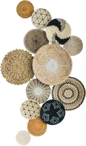 Chicvillage Woven Wall Basket Decor Seagrass Handcraft Hanging Basket Set 13-Piece Handwoven Flat Plates for Coastal Boho & Rustic Home Decor