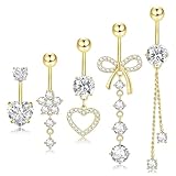 5Pcs 14G Belly Button Ring Dangle, 18K Plated Gold Belly Rings for Women Dangling, Surgical Stainless Steel CZ...