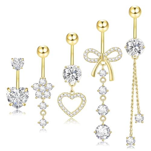 14G Clicker Belly Button Ring, Dangle Belly Button Rings, Surgical Stainless Steel CZ Cute Navel Body Piercing Jewelry for Women, Gold/Silver/Pink