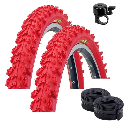 Kenda MTB K-829 - Cubiertas para bicicleta (2 unidades, 50-559 (26 x 1,95) + 2 cámaras de aire DV, incluye timbre), color rojo