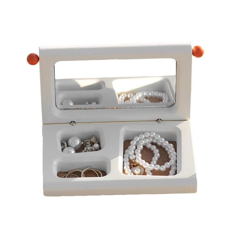 Drewniana mini organizator biżuterii przenośny z lustrem do zegarka, naszyjnika, pierścionka, kolczyków,White,14.5 * 8 * 6cm