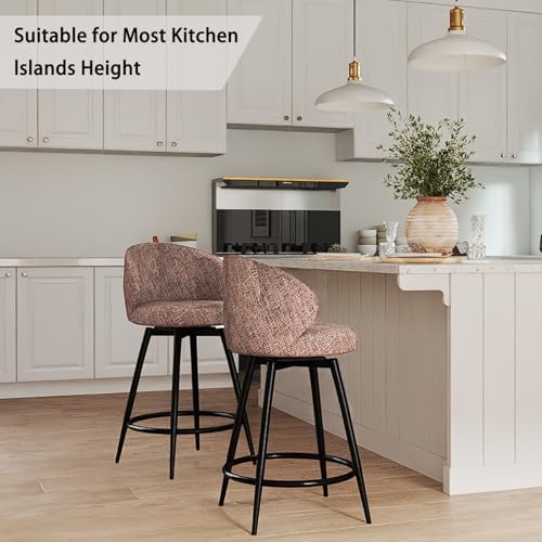 Image of Bar Stools Set of 2, 360 Swivel Breathable Fabric Kitchen Counter Height Stools, 26 inch Upholstered Bar Chair for Kitchen Islands, Restaurant, Brown