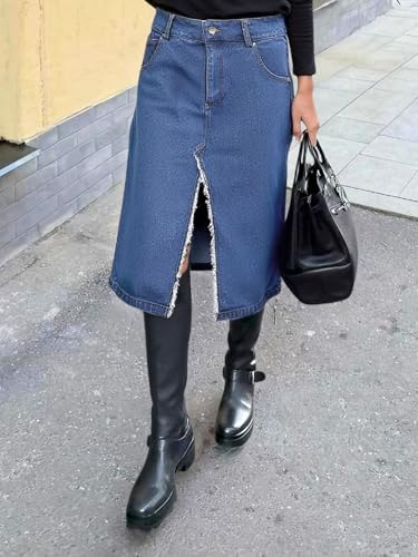 Jean Skirts for Women Denim High Waist Front Frayed Raw Hem A line Midi Knee Length Jean Skirt with Slit4