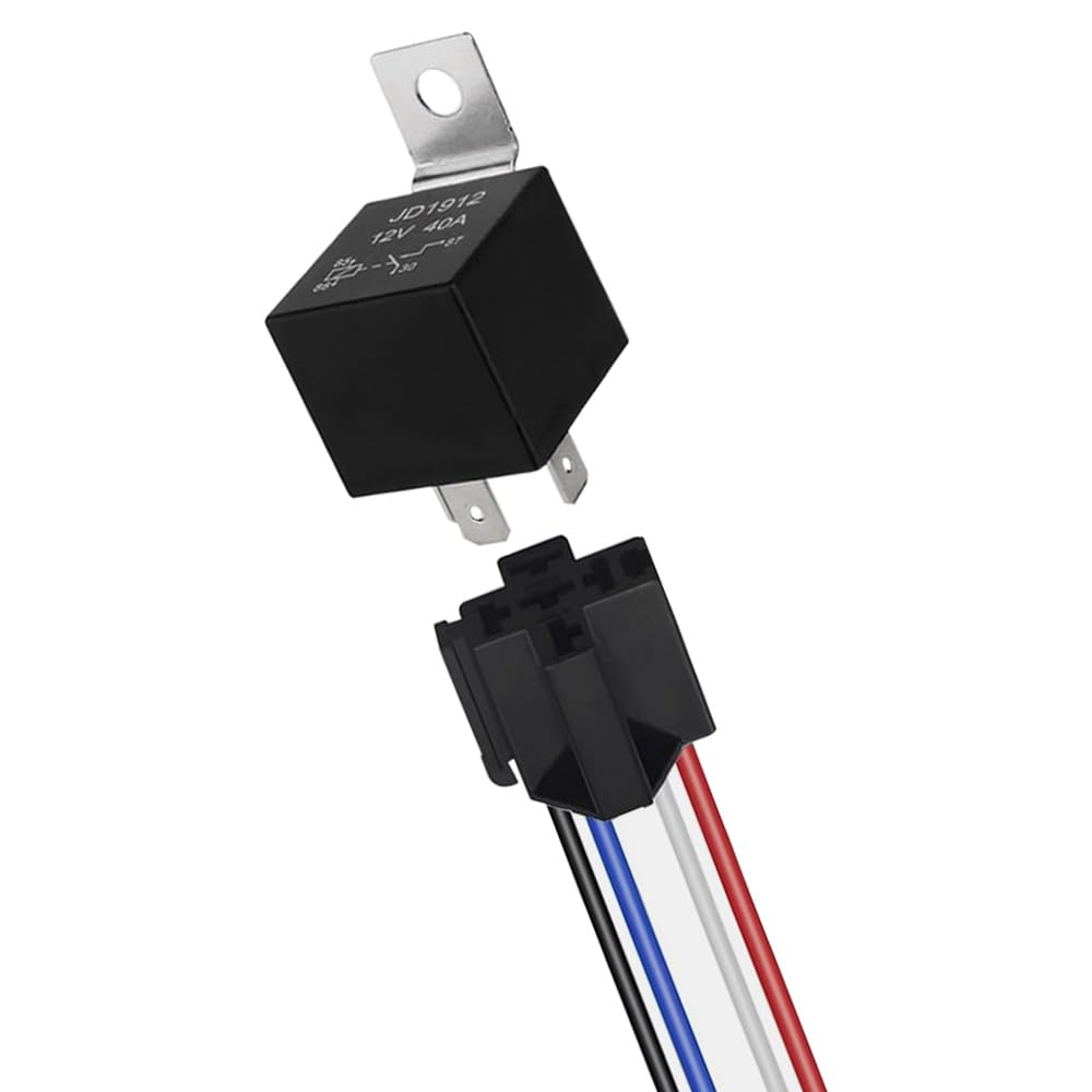 QitinDasen 4 Pin Car Relay, 12V 40A SPST Automotive Relay with Harness Socket and 14/16 AWG Pre-Wired, for Car Truck Boat (Black)