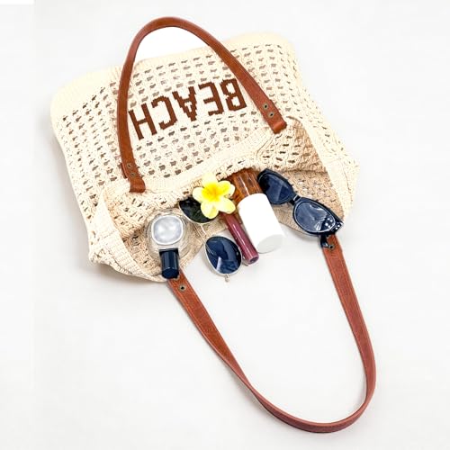 Bolso tejido de playa para mujer crema y marrón claro miniatura 6