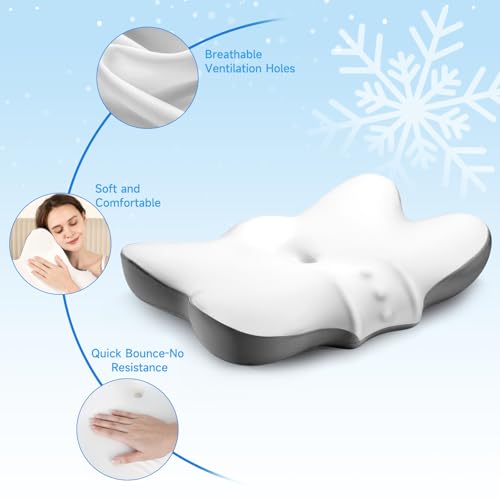 Image of Cervical Neck Pillow with 2 Heights (5.31 /3.54 in), Queen Size Bed Pillow with Cooling Pillowcase, Contoured Memory Foam Pillow for Side, Back & Stomach Sleepers, Ergonomic Pillow for Neck Pain Relief