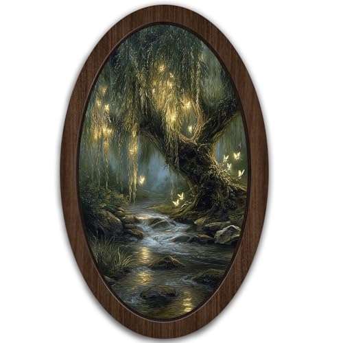 UYIKG Vintage Forest Fairy Wall Art Decor,Tree Fairy Oval Wall Decor, Rustic Farmhouse Cottagecore Fantasy Wooden Framed Wall Decorations for Theme Room Home Bedroom Living Room 9x14.6 in