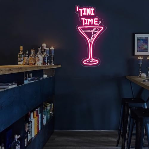 Image of Tini Time LED Neon Sign, Martini LED Light, Elegant Cocktail Glass Neon | USB Powered Dimmable Martini Cocktail Bar Wall Decor, Bar Wall Art, Pub Deoration, Gift for Martinit Lover 16.5 inchx8.7 inch, Pink