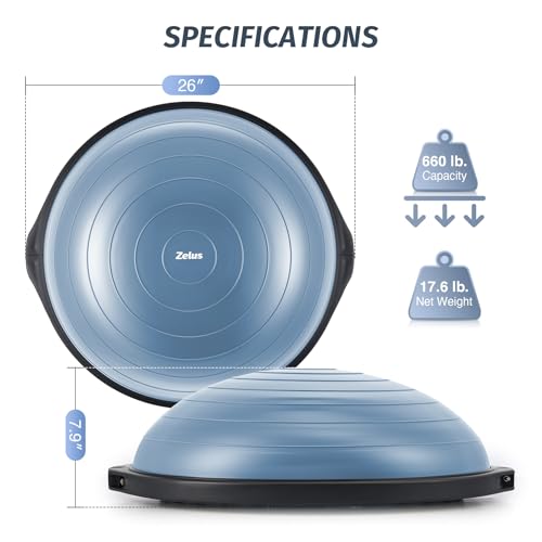 Image of ZELUS 25in. Balance Ball | 660lb Inflatable Half Exercise Ball Wobble Board Balance Trainer w Nonslip Base | Half Yoga Ball Strength Training Equipment w 2 Bands, Pump, Extra Ball Included