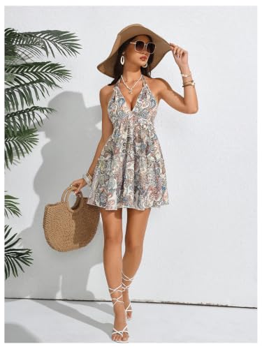 Image of SOLY HUX Women's Summer Boho Paisley Print Tie Back Halter Mini Dresses | Deep V Neck, Sleeveless, Sundress, Backless Dress, Vacation