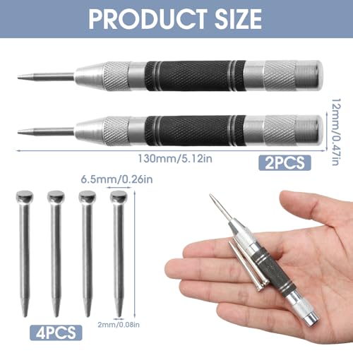 Körner, 2 Stück Automatik Körner Metall, Hochleistungs Körnerwerkzeug mit Einstellbarer Spannung und 4 Ersatzspitzen, Robuster Federbelasteter Körner für Metall, Glas, Holz, DIY-Kunst