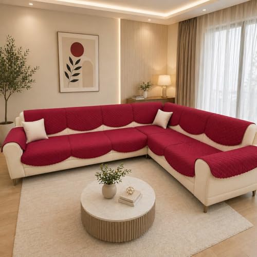 Image of BLUSH & BLOOM 7 Seater L-Shape Sofa Cover, Quilted Texture, Sectional Couch Protector for Living Room-Pack of 14 (Maroon)
