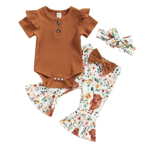 Image of Fernvia Infant Baby Girl Clothes Suspenders Short Sleeve Ribbed Romper Flared Pants Set Headband 3pcs Summer Outfit