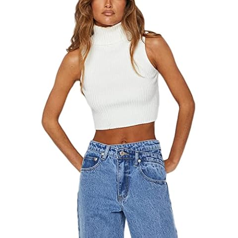 memoriesofu Women's Sleeveless Turtleneck Slim Tank Veat Sweater Solid Color Casual Rib Knit Pullover Cropped Knit Tank Top (White , S ) Cover