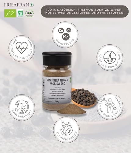 FRISAFRAN | Gemahlener Schwarzer Pfeffer Bio 40g | Reiner Pfeffer | gemahlen schwarzer Pfeffer | 100% ökologisch-natürlich | Intensiver Geschmack | Ideale Eintöpfe | Ohne Zusatzstoffe | Veganer