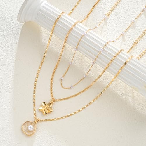 Gold Layered Necklaces for Women,Dainty 14k Gold Plated Stackable Choker Necklaces for Women,Trendy Layering Pearl Chain Paperclip Pendant Jewelry Set Gifts2