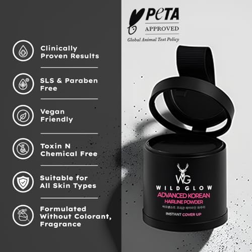 Image of WILDGLOW Korean Hairline Cover-Up Powder Black 10gm | Instantly Covers Grey Roots, Bald Spots, Beard & White Hair | Matte Finish & Long-Lasting | Highly Pigmented Flawless Hair Density Filler