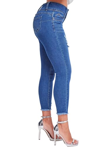YMI Womens Junior Wannabettabutt 3-Button Mid-Rise Fray Hem Ankle Jean, Indigo Blue Rips, 132
