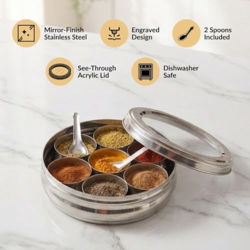 Image of Nestasia Stainless Steel Masala Dabba for Kitchen Storage (90ml x 7 Containers) - Engraved Spice Box with See Through Lid & Spoon | Rust-Free & Diswasher Safe Garam Masala & Biryani Masala Dani