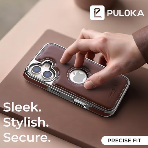 Image of PULOKA Chrome Leather Back Case - Compatible with iPhone 17 - Premium Bumper Case - Flexible Vegan Leather - Electroplated Sides & Logocut - Full Camera Protection & Raised Edges - (Brown)