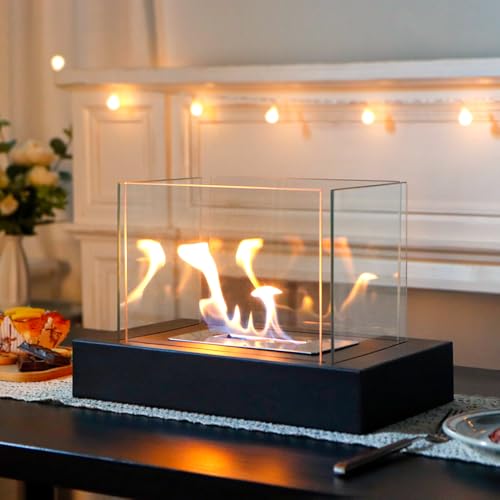 Metal and Glas Fireplace Fire Pit for Indoor Outdoor Yard Garden Patio Black