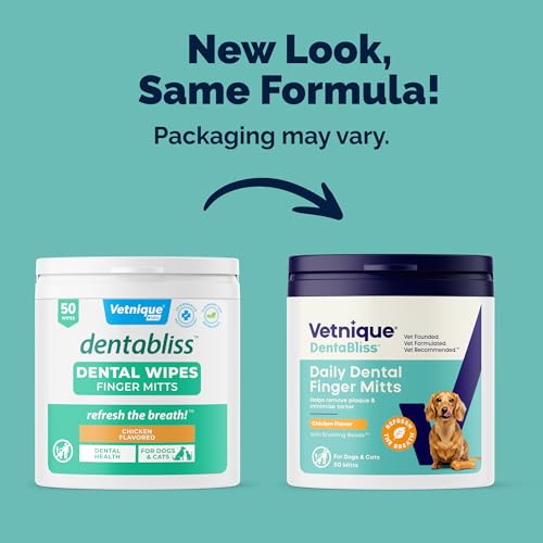 Image of Vetnique Dentabliss Cat & Dog Dental Wipes, Toothbrush Alternative Mitt | Teeth Cleaning Finger Mitts for Plaque, Tartar & Breath, Toothbrush & Toothpaste Alternative, Peppermint or Chicken, Cat-Safe