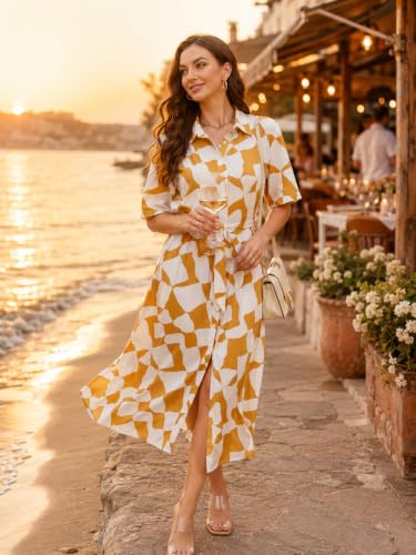 Image of BROVAVE Women's 2026 Summer Short Sleeve Work Dresses Tie Waist Button Down Animals Print Midi A-Line Shirt Dress