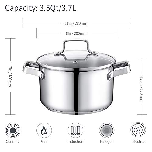 Stainless Steel Stock Pot 3.5 Qt, Sauce Pan with Glass Lid, Double Handle, A Scale Engraved Inside, Induction Compatible, Dishwasher Safe, Sliver (Gift Box Included)