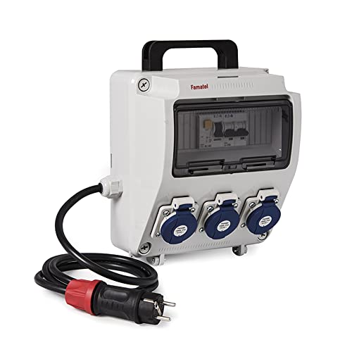 Famatel 3957.11 Industrial Cabinet Pre-Wired I IP44 I with Handle I 3 Sockets I 2P + TTL I 16A I 250V I Heat Protection Differential Switch I Cable 1.5 m I 3 x 2.5