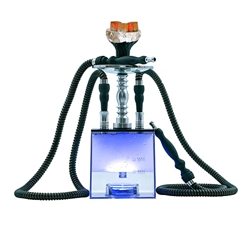 2 Hose Hookah Set With Travel Case Clean Brush, Micro Cube Acrylic Hookah With Silicone Hookah Bowl 2 Leather Hose Foil Sheet Coal Tongs Magical Remote Led Light For Better Shisha Narguile Smoking #TOP2