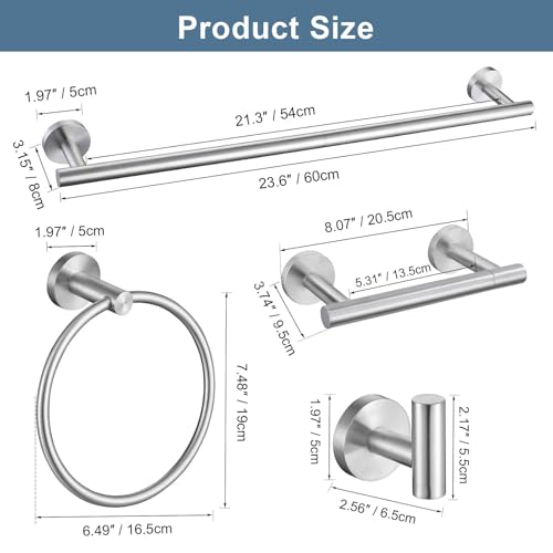 5 Pieces Brushed Nickel Round Towel Bar Set Bathroom Hardware Accessories Set Upgraded Toilet Paper Holder Towel Rail Set for Bathroom Stainless Steel Wall Mounted Bathroom Set,23.6 in