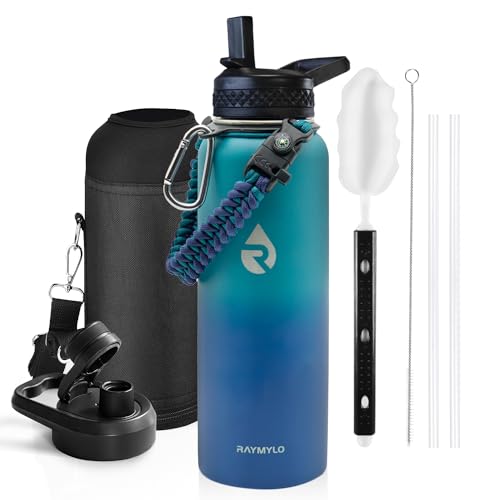 Image of RAYMYLO Insulated Water Bottle 40 oz, Triple Wall Vacuum Stainless Steel (Cold for 36Hrs, Hot for 18Hrs), Leak Proof & Non-BPA, Modern Water Flask Jug with Paracord Handle & Straw Spout Lids