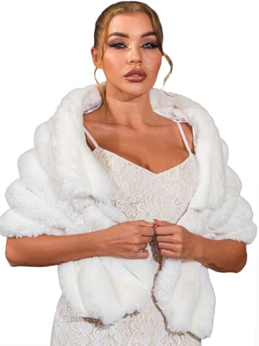 Aukmla Women Wedding Faux Fur Shawls and Wraps Bridal Fur Stoles Scarfs with Rhinestones Brooch for Bride and Bridesmaids