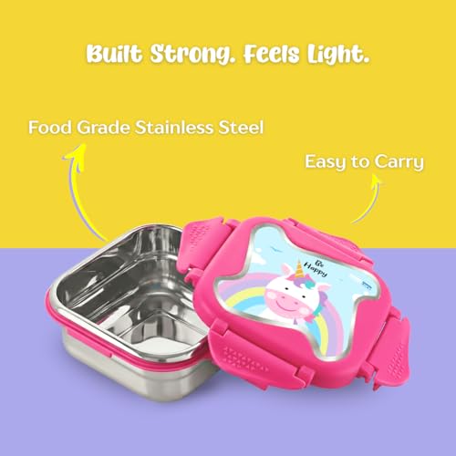 Image of STEELLOCK Smart Kids Stainless Steel Lunch Box, Leakproof & Airtight Tiffin Box for School Boys & Girls, BPA Free Food Grade with 4-Side Clip Lock | 360 ML | Pink, 3D /UV Print Unicorn