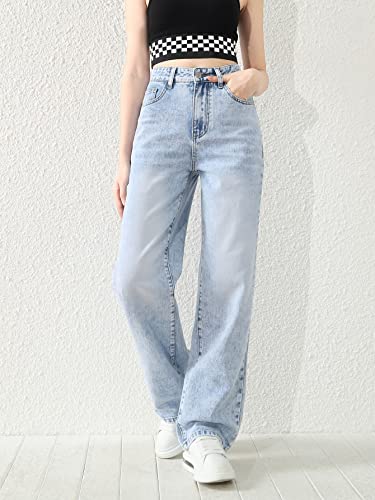 SweatyRocks Girl's Casual High Waist Solid Denim Pants Stretchy Flare Leg Jeans with Pocket Light Blue 8-9Y4