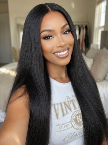 Image of KLAIYI Yaki Straight Bye Bye Knots Glueless Wig 7x5 Precut Lace Front Wigs Human Hair Put On and Go Wigs for Beginners Pre Bleached Pre Plucked Pre Everything 3S Easy to Ready to Wear Kinky Wig 24Inch
