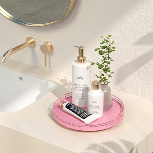 Image of 10 inch Oak Wood Bathroom Tray for Counter, Vanity Tray for Perfume Lotion Candle Makeup Jewelry Sink Soap Holder Turntable Dresser Organizer Countertop Coffee Table Decor Organization and Storage Pink