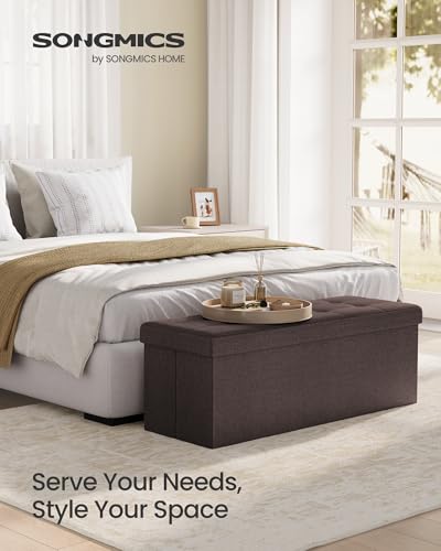 Image of SONGMICS MAZIE Collection - 43 Inches Folding Storage Ottoman Bench, Ottoman Foot Rest, End of Bed Bench, Storage Chest, Load 660 lb, for Living Room, Bedroom, Entryway, Brown ULSF77BR