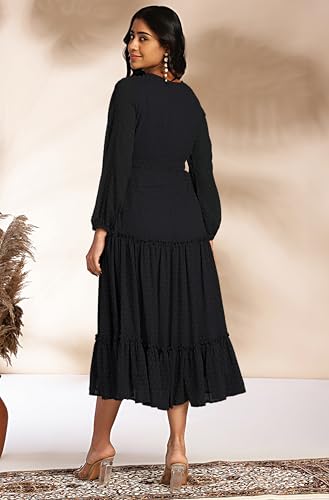 Image of Janasya Women's Dobby Chiffon Woven Design Tiered Dress