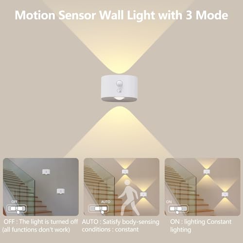 Image of UP&Down Light Source Wall Sconces with Motion Sensor, Cordless LED Wall Night Lights 360Rotate & Rechargeable Battery Operated, 3 Brightness, Indoor Motion Detection Wall Lamps for Pic Corridor-White