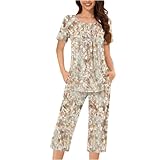 Auwer Womens Fashion Summer 2 Pc Pajamas Round Neck Short Sleeve Pleats Loose Capri Pants Printed Sleepwear with Pockets Yellow