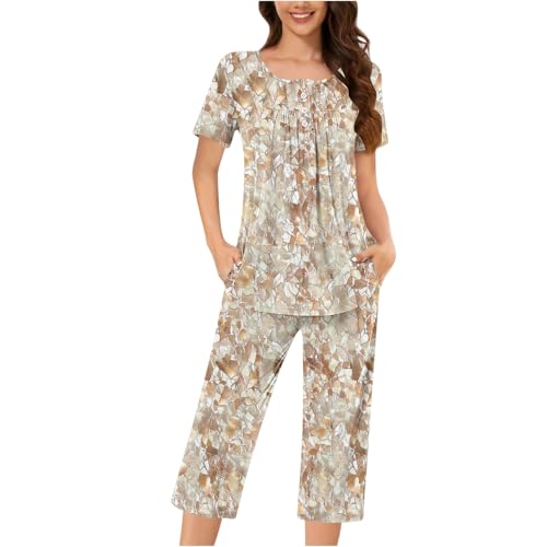 Auwer Womens Fashion Summer 2 Pc Pajamas Round Neck Short Sleeve Pleats Loose Capri Pants Printed Sleepwear with Pockets Yellow