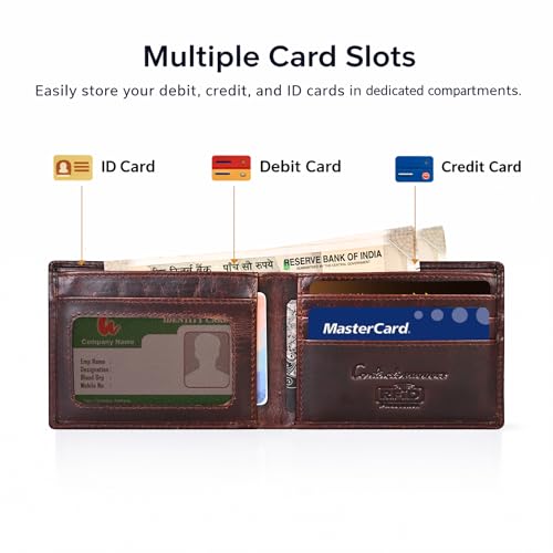 Image of Contacts Men's Genuine Leather Wallet | RFID Blocking Bifold Wallet for Men | Up to 8 Card Slots Including 1 ID Window (Brown)