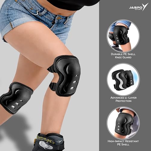 Image of Jaspo Scud X Trail Roller Skates Combo with Helmet and Knee, Elbow, Wrist Guard, Professional Outdoor Indoor Quad-Skates for Kids & Adults, Adjustable Roller Skates with 4 Shiny Wheels (Black, Large)