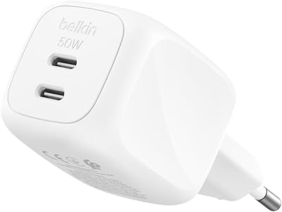 Belkin Caricatore USB C a 2 Porte 50W, Carica Batterie Cellulare USBC GaN a 2 Po