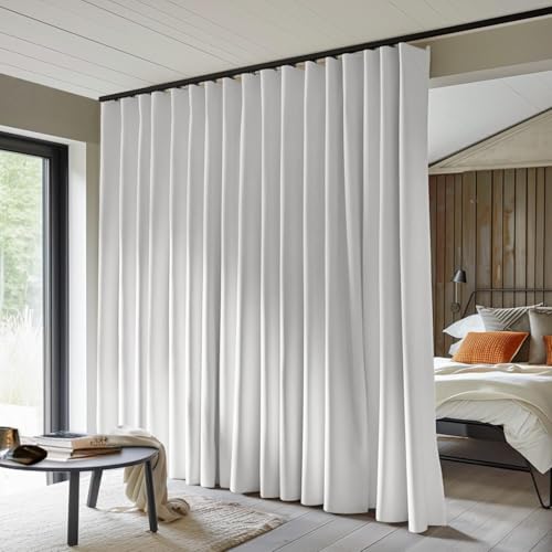Image of MaKefeile Room Divider Curtains Total Blackout Privacy Curtain Panel Room Thermal Insulated Noise Reduction Curtain for Bedroom Window Living Room Ceiling Track Curtain W 12.5ft x H 8ft White