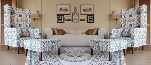 Image of WELL KNOWN Wooden Set of 2 Wing Chair with Ottoman | Wingback Chair for Living Room | Home Decor Furniture (White with Blue Print- 2)